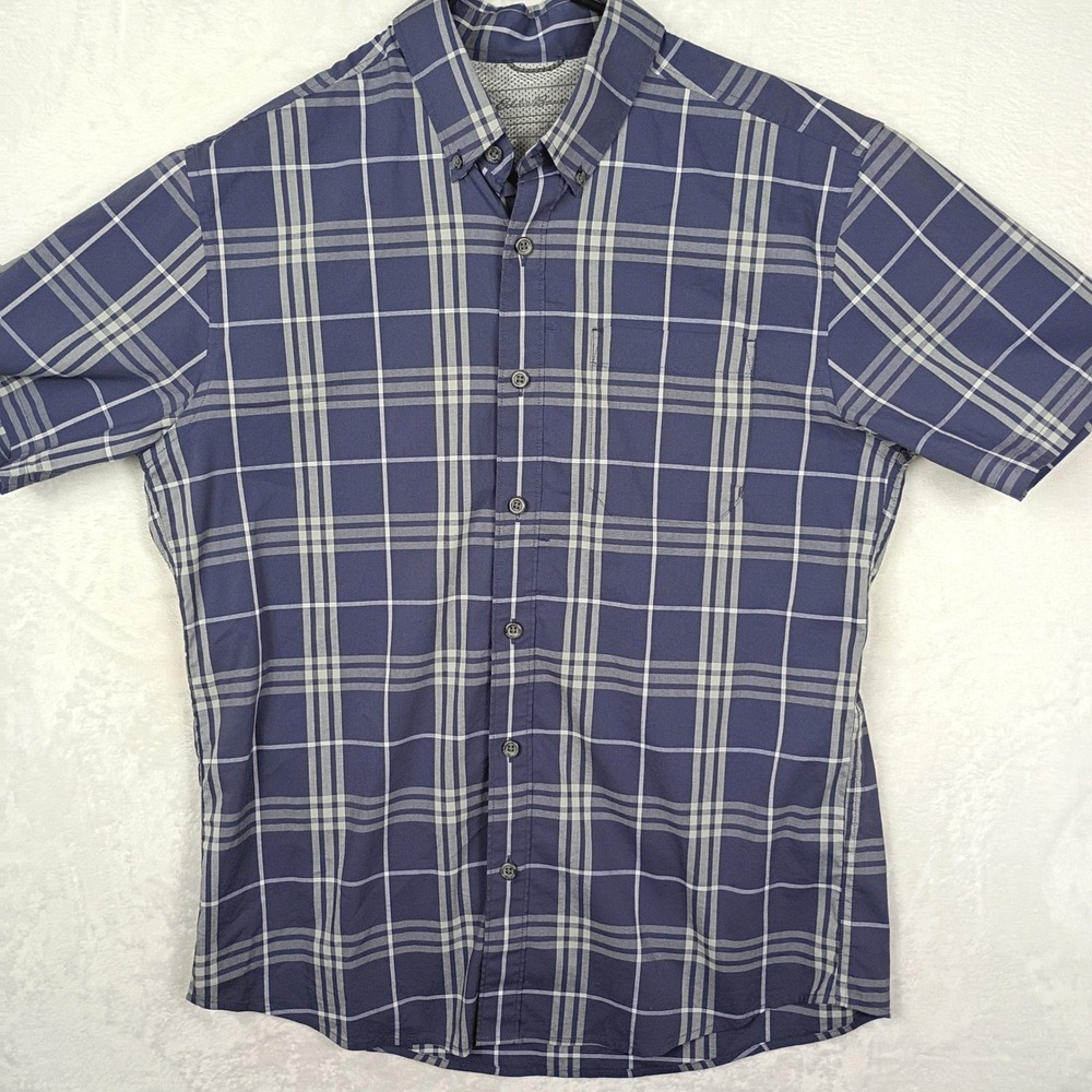 Eddie Bauer Mens Short Sleeve Plaid Button Down Shirt Blue Grey Classic Fit M